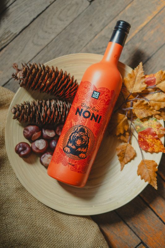 Orange Dogs Love Noni bottle from We Love Noni lying on a plate with pine cones, chestnuts and autumn leaves on a wooden table.