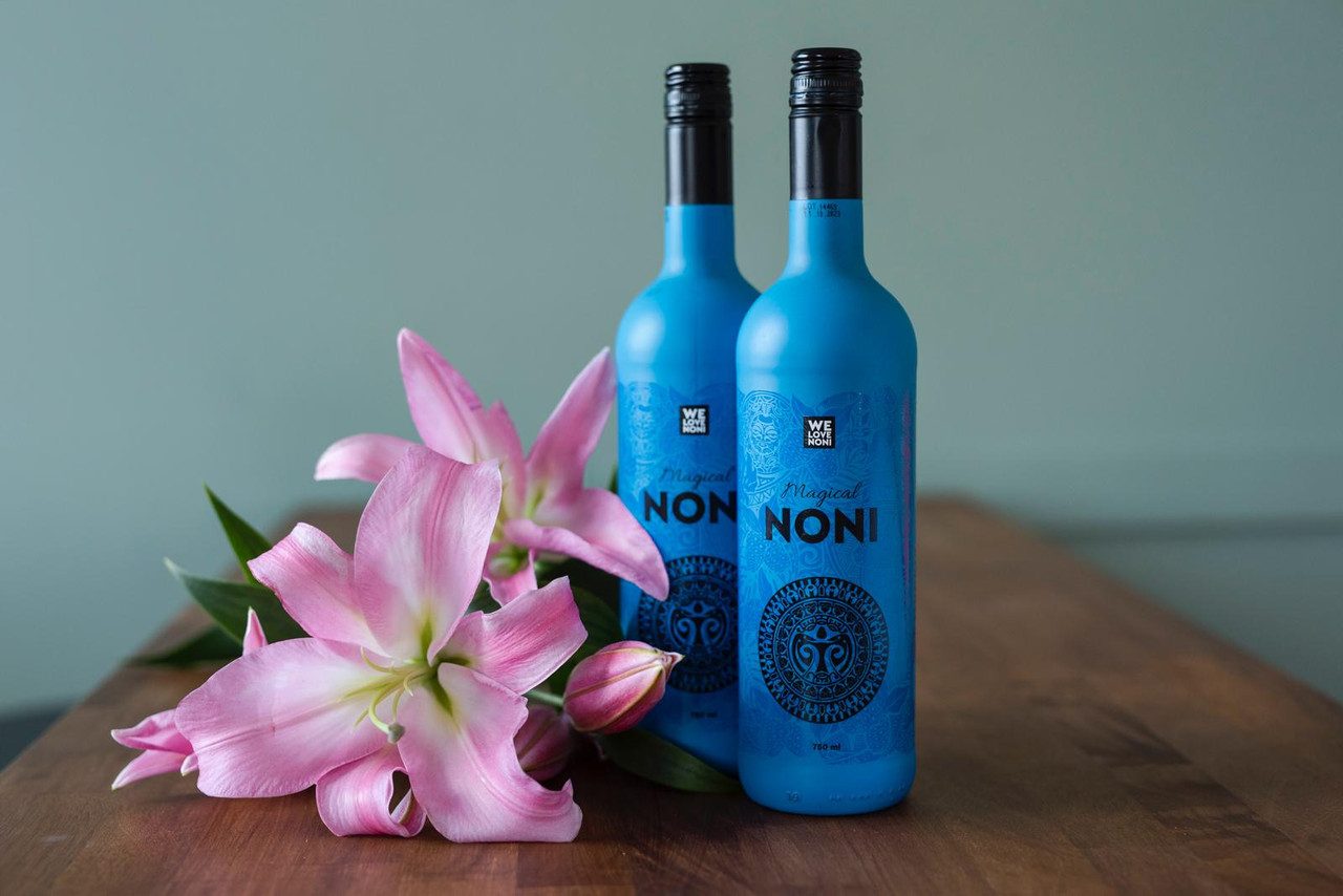 Magical Noni 750ml fermented noni juice in cobalt blue glass bottles, We Love Noni Global Ireland